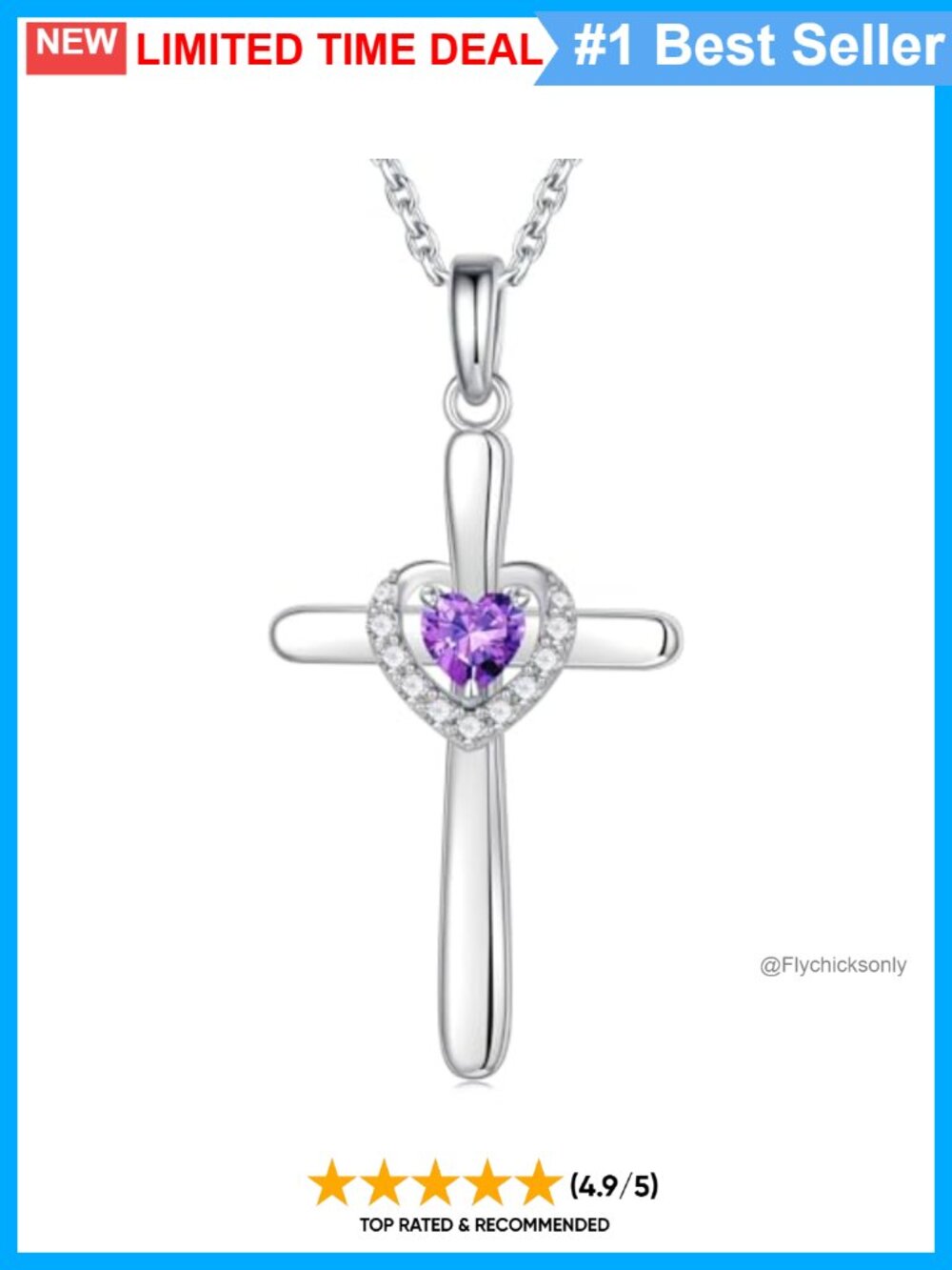 Sterling Silver Cross Necklace with Heart Birthstone Pendant 21in
